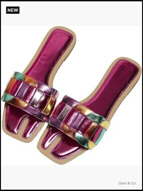 Metallic Flat Sandals Sparkly Summer Cute Open Toe Slip on Slides